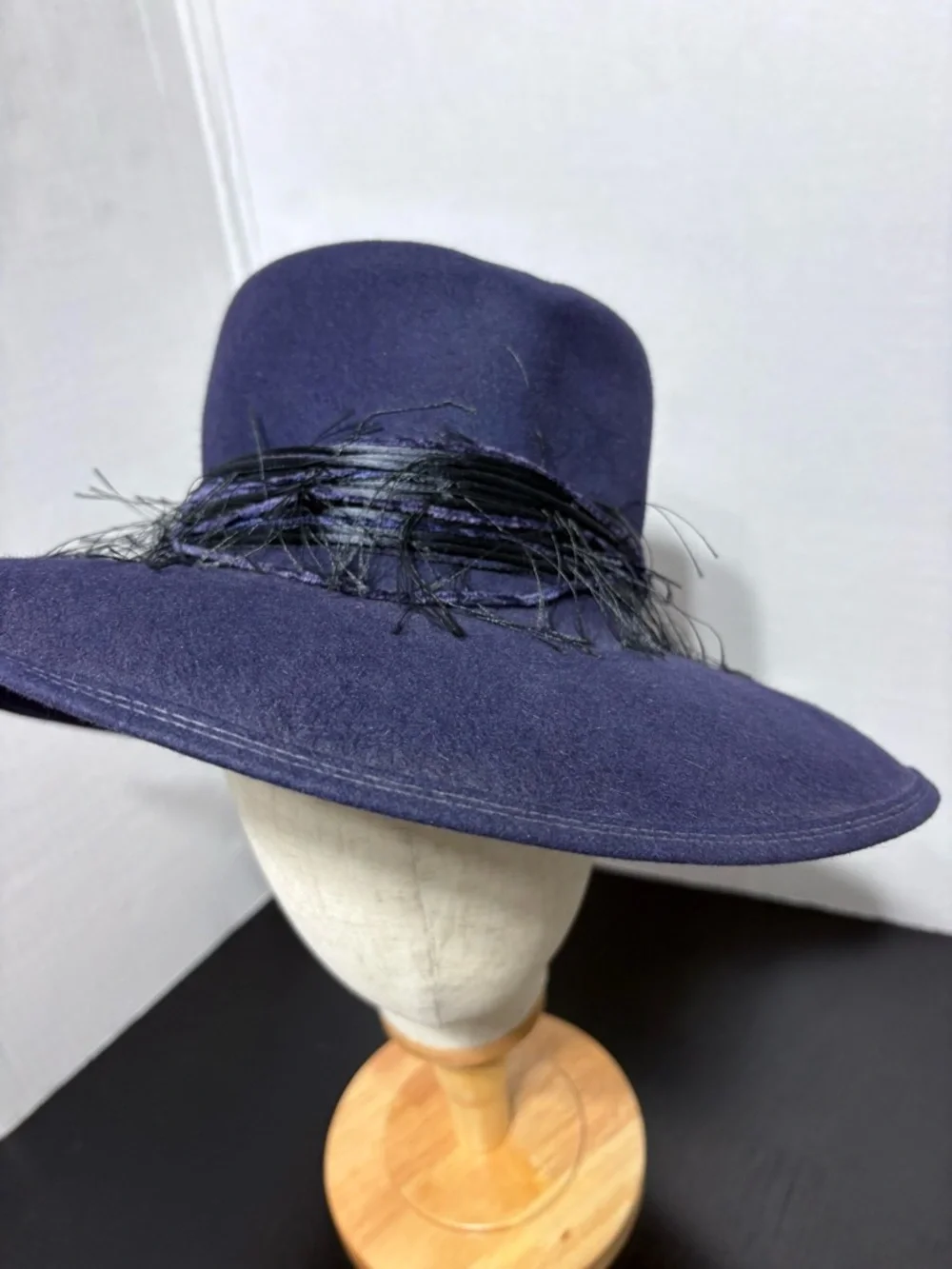 Patricia Underwood Navy Wide-Brim Wool Fedora Hat with Black Decorative Band